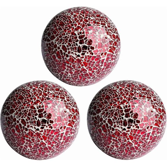 Decorative Mosaic Glass Orbs, 4 Inch Diameter, Set of 3 Sphere Balls (Red)
