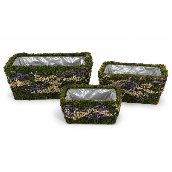 Decorative Moss Planter Baskets Plastic Liners Rectangular Flower Boxes W Purple & Cream Floral Accents Rustic Handmade Containers Indoor Covered Outdoor Decor Tabletop Shelf Mantel Patio Party Decor