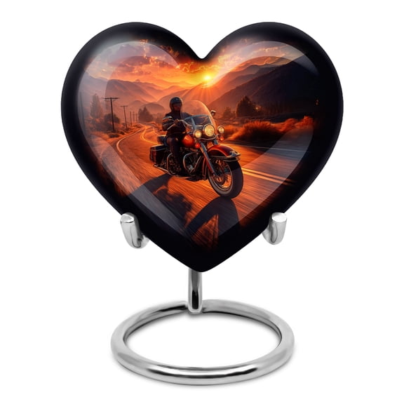 Decorative Motorbike Riding in Heaven Heart Urn for Human Ashes Adult, Heart Shape Bike Keepsake Memorial Cremation Ashes Container for Funeral Burial - 3inch, Small/Mini Size - Single 1Pcs