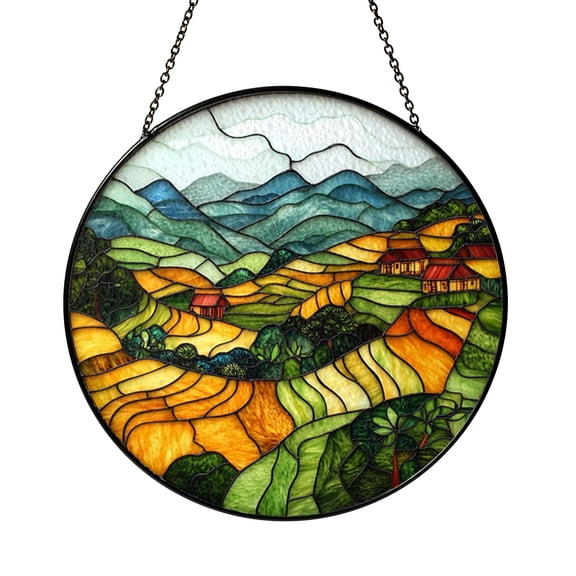 Decorative Mountain Landscape Stained Glass Style Suncatcher Window Hanging, Terraced Countryside Field Art Glass Window Ornament, Round Scenic Glass Panel Nature Window Decor Gift