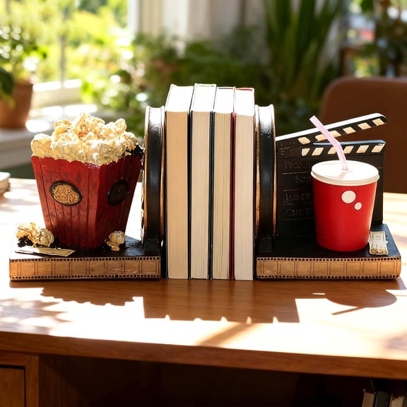 Decorative Movie Bookends Novelty Movie Reel Clapperboard with Popcorn Soft Drinks Book Ends Heavy Duty Book Stopper Directors Artist Gift for Shelves Home Office Art Decor