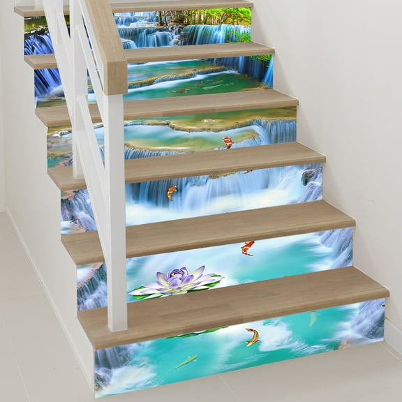 Decorative Mural 3D Peel and Stick Tile Backsplash Stair Riser Decals DIY Tile Decals Waterproof Home Decor Stair Case for Christmas Holidays Party (Color:Lotus Waterfall)