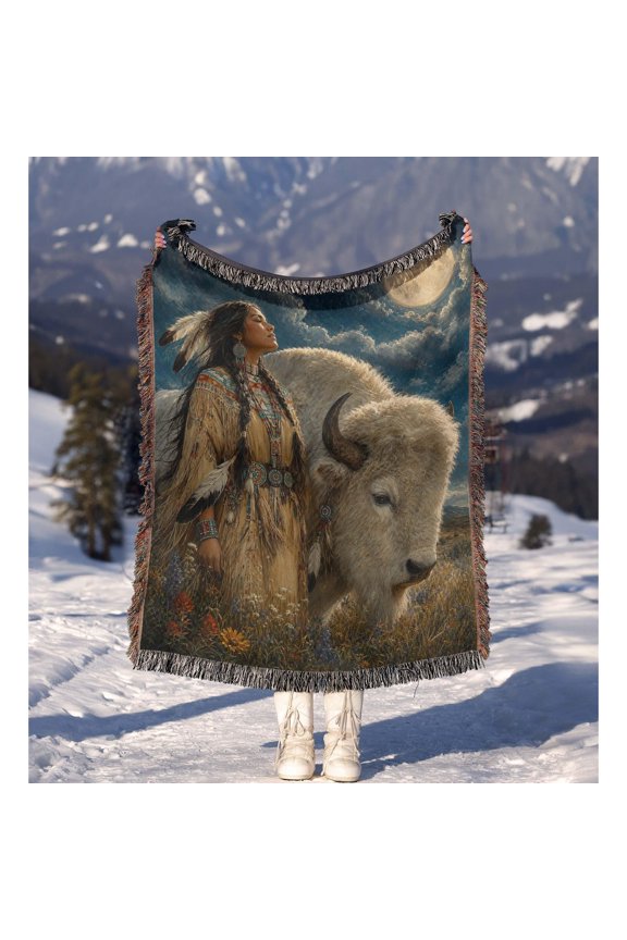 Decorative Native Woman Woven Throw Blanket, 100% Cotton with Fringed Edges, 60 x 50 in, Home Decor