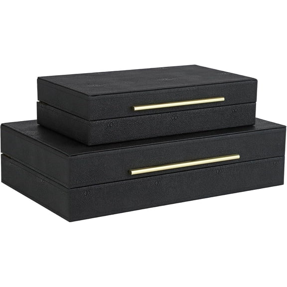 Decorative Nesting Storage Boxes Set of 2, Hinged-Lid Keepsake and Jewelry Organizer, Stackable Rectangular Faux Leather Container in Black, Modern Dustproof Design