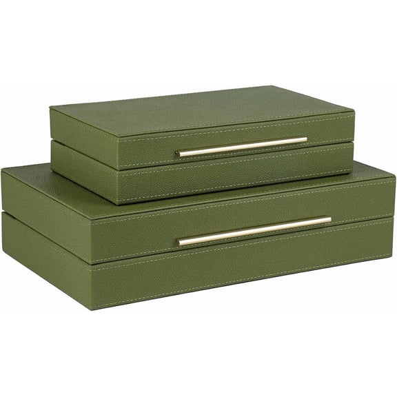 Decorative Nesting Storage Boxes Set of 2, Hinged-Lid Stackable Keepsake Organizers for Jewelry and Accessories, Green Faux Leather