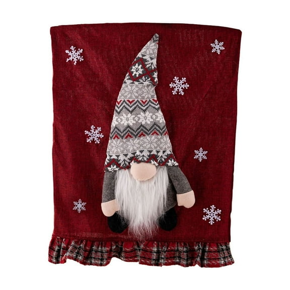 Decorative Nordic Gnome Throw Blanket with Embroidered Snowflakes and Plaid Ruffle Edge for Home Sofa Bed Use