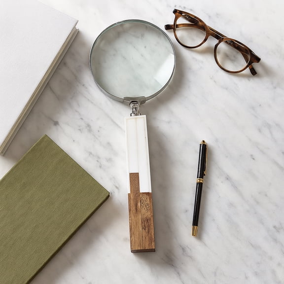 Magnifying Glass with Line Pattern Handle for Home Decor - Decorative Accent for Office Desk, Living Room, and Coffee Table - Sculpture Ornament for Tabletops and Shelf - 1", White & Silver