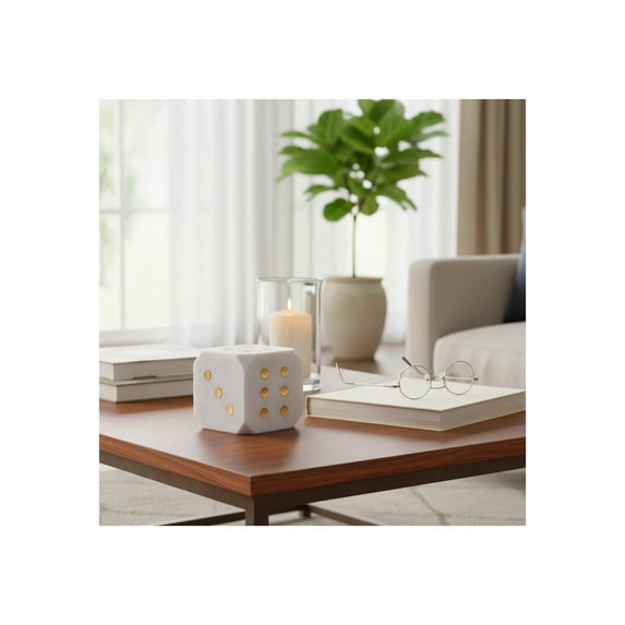 Marble Dice Sculpture for Home Decor - Decorative Accent for Living Room, Shelf, Bathroom, and Office Styling - Ornaments for Coffee Table, Game Room, and Mantle Decor - 4", White & Gold