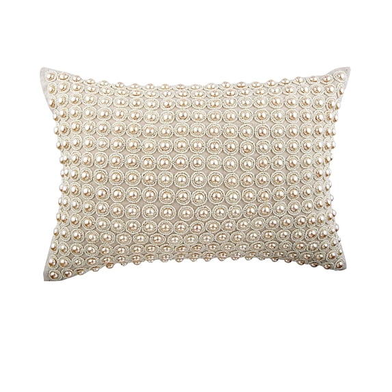 Decorative Oblong / Lumbar Rectangle Throw Pillow Covers Accent Pillow Couch Sofa 20x26 inch (50x65 cm) Natural Linen Pearl Embroidered - Sea Of Pearls