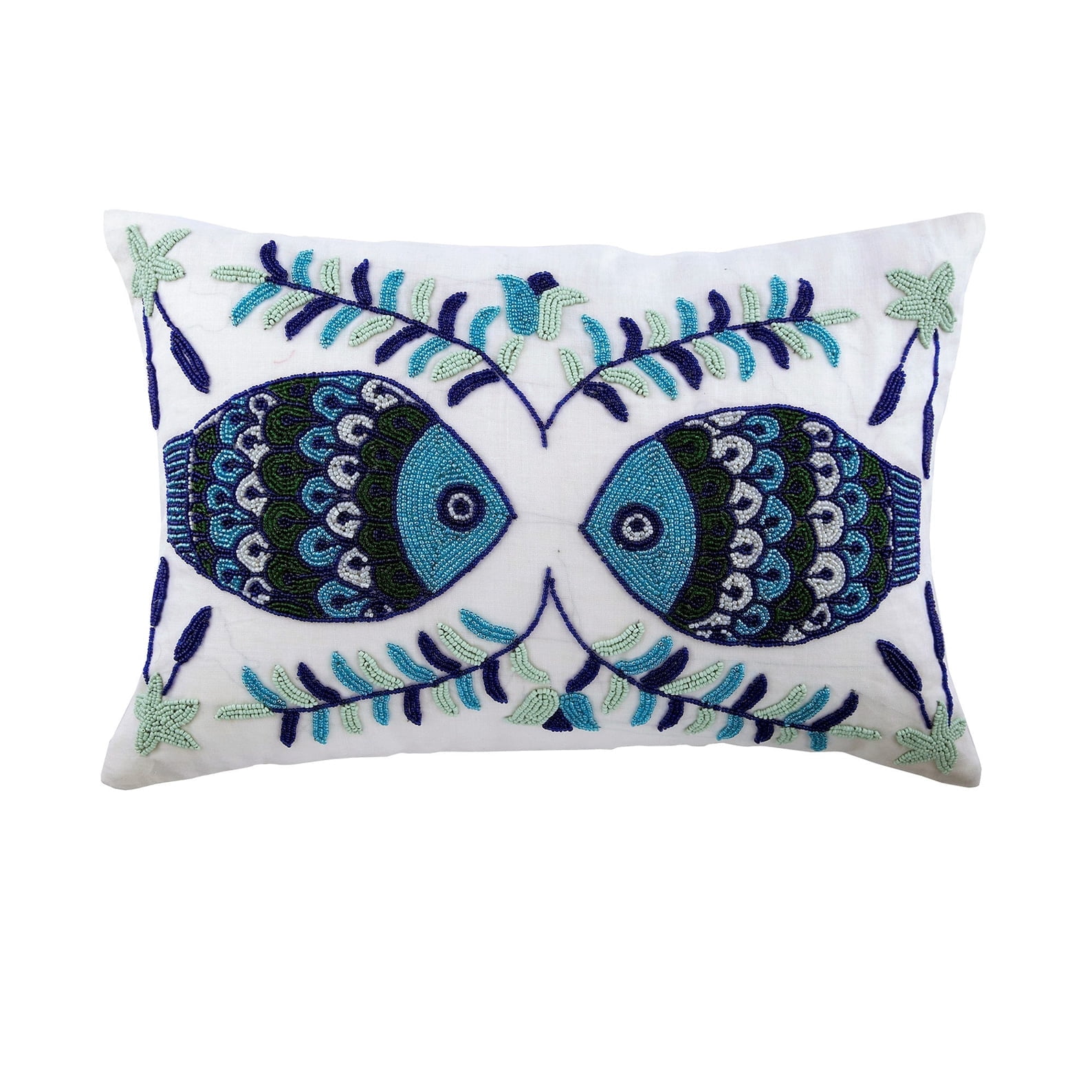 Decorative Oblong / Lumbar Throw Pillow Covers Accent Pillows Couch Sofa Pillow Case 12x22 inch (30x55 cm) White Silk Dupioni Bead Embroidery - Fish Tales