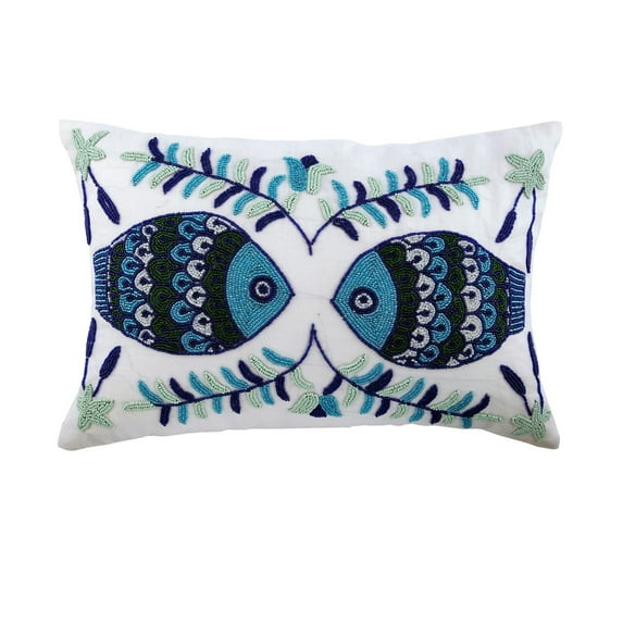 Decorative Oblong / Lumbar Throw Pillow Covers Accent Pillows Couch Sofa Pillow Case 12x24 inch (30x60 cm) White Silk Dupioni Bead Embroidery - Fish Tales
