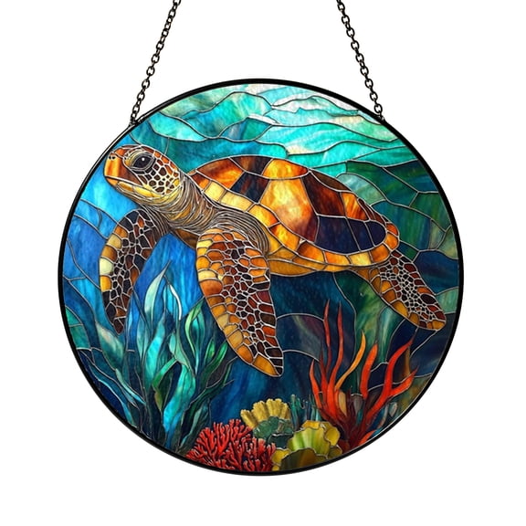 Decorative Ocean Stained Glass Style Window Hanging, Sea Turtle Art Panel, Decorative Glass Style Window Decor for Nature Inspired Home Accent