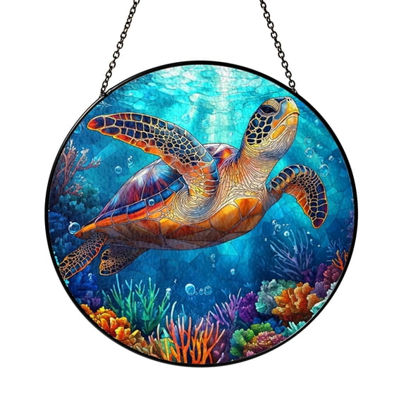 Decorative Ocean Stained Glass Style Window Hanging, Sea Turtle Art Panel, Decorative Glass Style Window Decor for Nature Inspired Home