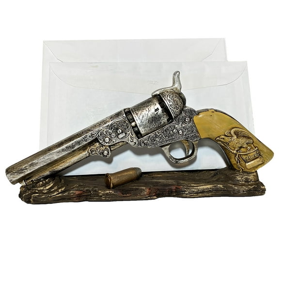 Decorative Old Western Guns Ivory Look Handle  American Eagle Envelope Mail Holder Container - Lucky Horseshoe Metal Look Silver Star - Rustic Country Office Desk Dcor