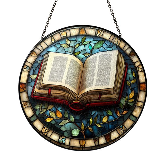 Decorative Open Book Stained Glass Window Hanging with Classic Reading Theme and Soft Light Effect