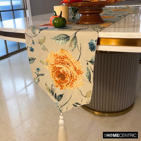 Decorative Orange & Green Table Runner 4 - 6 Seater Table Runner (14 x 64 inch), Sequins, Roses Tassels Table Runner, Cotton fabric Table Linen, Floral Contemporary - Orange Rosiness