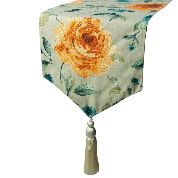 Decorative Orange & Green Table Runner 4 Seater Table Runner (14 x 48 inch), Sequins, Roses & Tassels Table Runner, Cotton fabric Table Linen, Floral Contemporary - Orange Rosiness