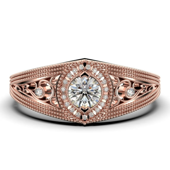 Decorative Ornament 1.25 Carat Round Cut Diamond Moissanite Engagement Ring, Vintage Look Wedding Ring in 925 Sterling Silver With 18k Rose Gold Plating Gift For Her, Promise Ring, Anniversary Ring