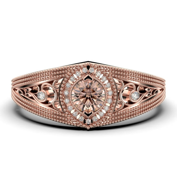 Decorative Ornament 1.25 Carat Round Cut Morganite And Diamond Moissanite Engagement Ring, Vintage Look Wedding Ring in 925 Sterling Silver With 18k Rose Gold Plating Promise Ring, Anniversary Ring