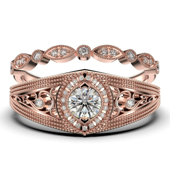 Decorative Ornament 1.75 Carat Round Cut Diamond Moissanite Engagement Ring, Vintage Look Wedding Ring in 925 Sterling Silver With 18k Rose Gold Plating Promise Ring, Bridal Rings Set