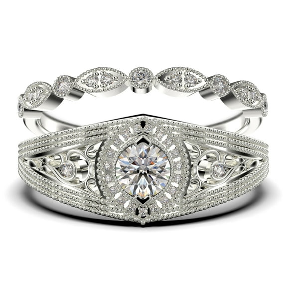 Bridal 1.75 Carat Round Cut Moissanite & Diamond Bridal Set in 925 Sterling Silver with 18k White Gold Plating