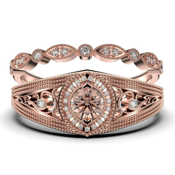 Decorative Ornament 1.75 Carat Round Cut Morganite And Diamond Moissanite Engagement Ring, Vintage Look Wedding Ring In 925 Sterling Silver With 18K Rose Gold Plating Promise Ring, Bridal Rings Set