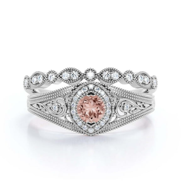 Decorative Ornament 1.75 Carat Round Cut Morganite And Diamond Moissanite Unique Engagement Ring, Wedding Ring in 925 Sterling Silver With 18k White Gold Plating Promise Ring, Bridal Rings Set