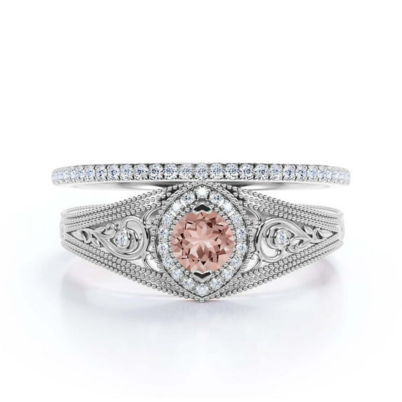 Decorative Ornament 1.75 Carat Round Cut Morganite And Diamond Moissanite Unique Engagement Ring, Wedding Ring In 925 Sterling Silver With 18K White Gold Plating Promise Ring, Bridal Rings Set