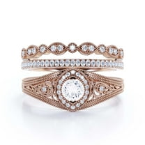 Decorative Ornament 2.25 Carat Round Cut Diamond Moissanite Engagement Ring, Vintage Look Wedding Ring in 925 Sterling Silver With 18k Rose Gold Plating Gift For Her, Promise Ring, Trio Rings Set