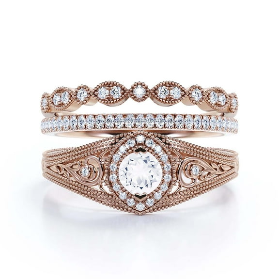 Decorative Ornament 2.25 Carat Round Cut Diamond Moissanite Engagement Ring, Vintage Look Wedding Ring in 925 Sterling Silver With 18k Rose Gold Plating Gift For Her, Promise Ring, Trio Rings Set