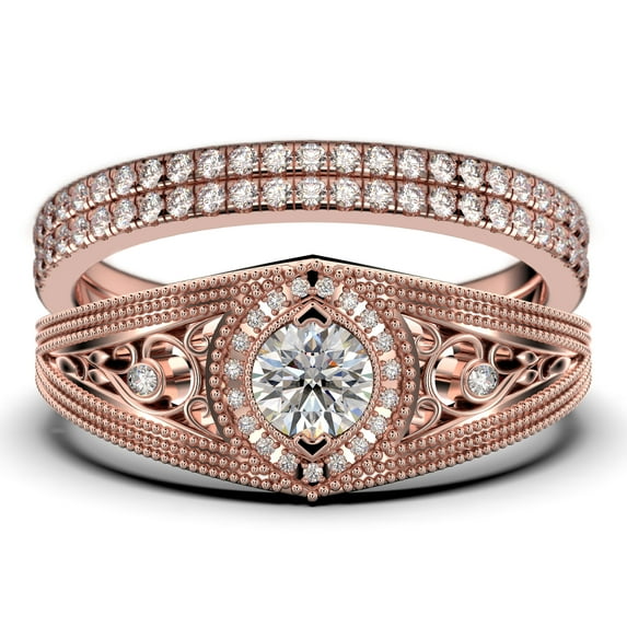 Decorative Ornament 2.25 Carat Round Cut Diamond Moissanite Engagement Ring, Vintage Look Wedding Ring in 925 Sterling Silver With 18k Rose Gold Plating Promise Ring, Trio Rings Set