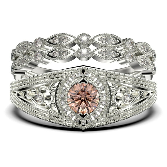 Decorative Ornament 2.25 Carat Round Cut Morganite And Diamond Moissanite Unique Engagement Ring, Wedding Ring in 925 Sterling Silver With 18k White Gold Plating Promise Ring, Trio Rings Set