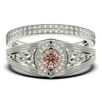 Decorative Ornament 2.25 Carat Round Cut Morganite And Diamond Moissanite Unique Engagement Ring, Wedding Ring in 925 Sterling Silver With 18k White Gold Plating Promise Ring, Trio Rings Set