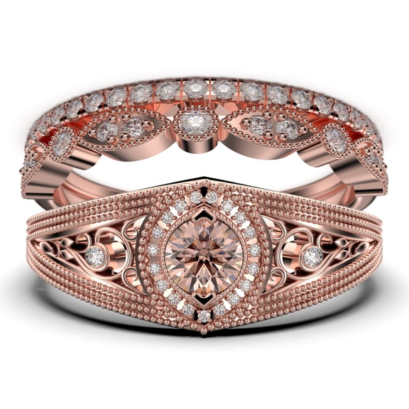 Trio 2.25 Carat Round Cut Morganite & Moissanite Bridal Set in 925 Sterling Silver with 18k Rose Gold Plating