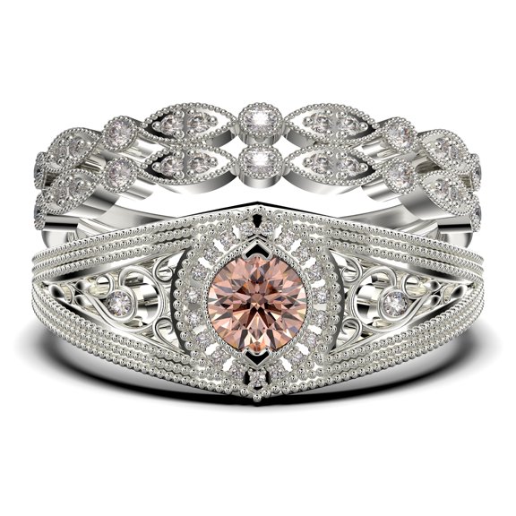 Trio 2.25 Carat Round Cut Morganite & Moissanite Bridal Set in 925 Sterling Silver with 18k White Gold Plating