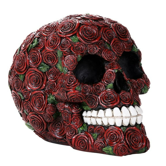 Decorative Ornate Red Roses Flower Skull Figurine Halloween Decor Collectible 4.75 Inches Tall