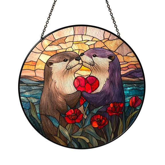 Decorative Otter Couple Stained Glass Style Window Hanging, Fantasy Aquatic Animal Art Suncatcher With Poppies And Water, Aesthetic Room Ornament, Unique Indoor Decor Present For Artwork Lovers