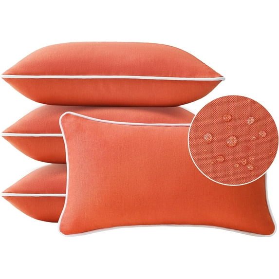 Decorative Outdoor Indoor Lumbar Pillows, Set of 4 Waterproof Throw Pillows with Inserts, 20" x12" Pillows for Patio, Backyard, Bed, Couch, Sofa and Patio Furniture, Coral Orange
