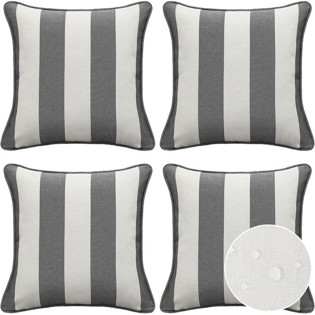 Decorative Outdoor Indoor Throw Pillows, Set of 4 Waterproof Throw Pillows with Inserts, 18" x18" Square Pillows for Patio, Backyard, Bed, Couch, Sofa and Patio Furniture, Gray Stripe
