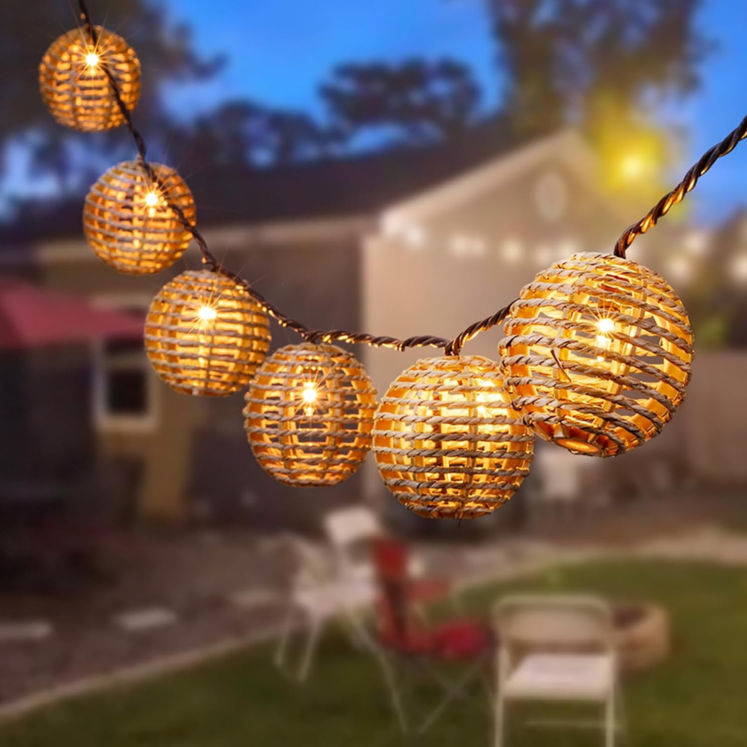 Decorative Outdoor Patio String Lights, Seagrass Rattan Wire Ball Style ...