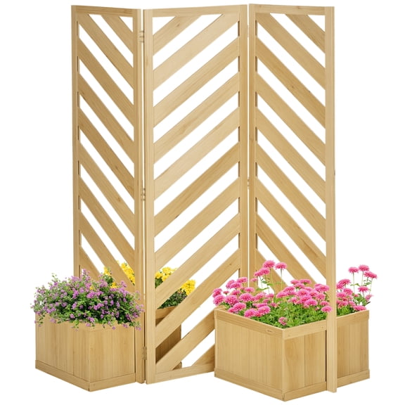 Decorative Outdoor Privacy Screen, Freestanding Divider/Separator with 4 Self-Draining Planters, 3 Trellis Plant Support Panels for Garden Walkway, Backyard, Natural Wood