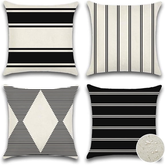 Decorative Outdoor Throw Pillow Covers 16x16 Inch Waterproof Geometry Pillow Cover Garden Cushion Case Patio Outdoor Pillows Shell for Couch Indoor Tent Park Furniture Balcony Set of 4 (Black)