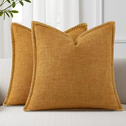 Decorative Outdoor Throw Pillow Covers 24x24 Set of 2, Square Linen Rustic Neutral Farmhouse Euro Pillow Covers with Stitched Edge for Couch, Sofa, Living Room, Bronze Gold