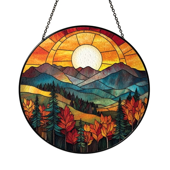 Decorative Outdoor Window Art – Mountain Scene Stained Glass Look
