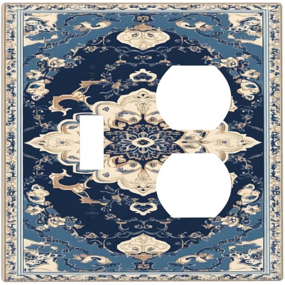 Decorative Outlet Covers Boho Beige Navy Blue Medallion 2 Gang Duplex Light Switch Cover Plate Gfci Wall Plate Plug Switch Plate Covers for Country Bathroom Bedroom Decor