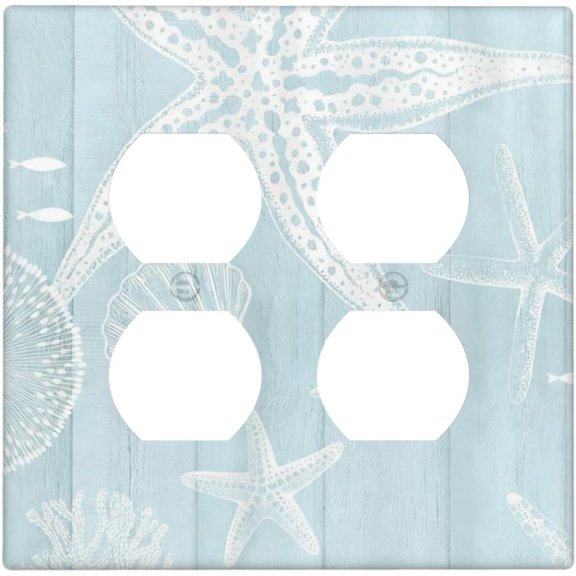 Decorative Outlet Covers Coastal Light Blue Starfish Seashell Coral 2 Gang Wall Plate Double Duplex Receptacle Nautical Ocean Themed Light Switch Covers Switch Plate Cover