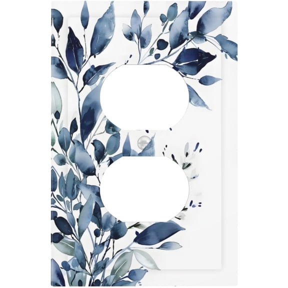 Decorative Outlet Covers with Rustic Blue Watercolor Eucalyptus Leaves Design 1 Gang Duplex Light Switch Cover Plate Unique Wall Plates Electrical Switchplate Cover for Bedroom Decor