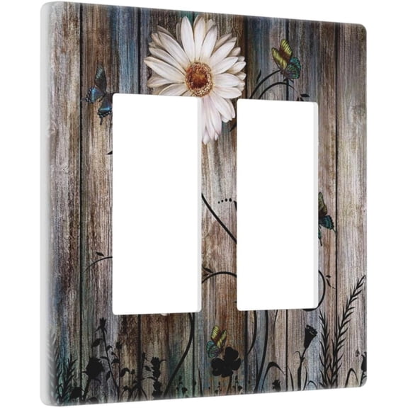 Decorative Outlet Covers Rustic Plank Texture Floral Butterfly Daisy 2 Gang Screwless Wall Plate Cover Double Rocker Decora Light Switch Covers Plate Dual Electrical GFCI Switch Plate Cover