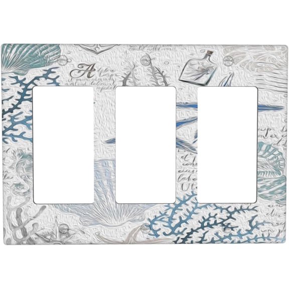 Decorative Outlet Covers Shells Blue Starfish Conchs Corals Sea Life 3 Gang Wall Plate Triple Rocker Switch Light Switch Plate Covers Jumbo Electrical GFCI Switch Cover Plate for Home Decor