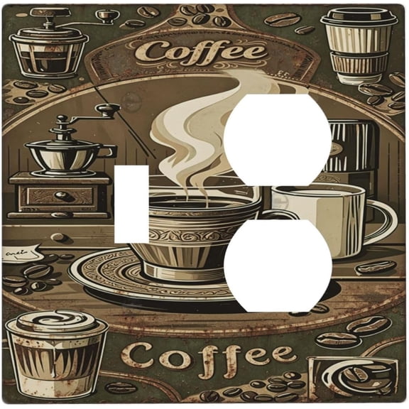 Decorative Outlet Covers Vintage Coffee Tin Sign Retro Coffee Cup 2 Gang Light Switch Cover Plate Single Toggle Duplex Wall Plates for Electrical Switch Plate Covers for Kitchen Decor